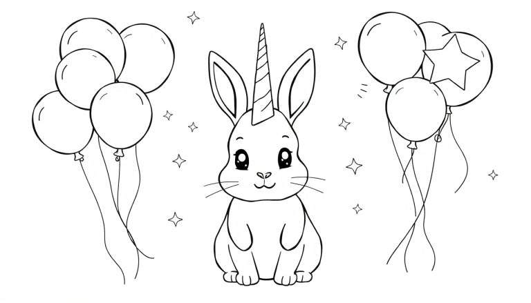 Kleurplaat van een schattig konijntje met een eenhoornhoorn, grote ogen, snorharen en een glimlach, met aan de linkerzijde vijf ballonnen en aan de rechterzijde vier ballonnen (waarvan één met een ster), en kleine sterretjes zwevend eromheen.