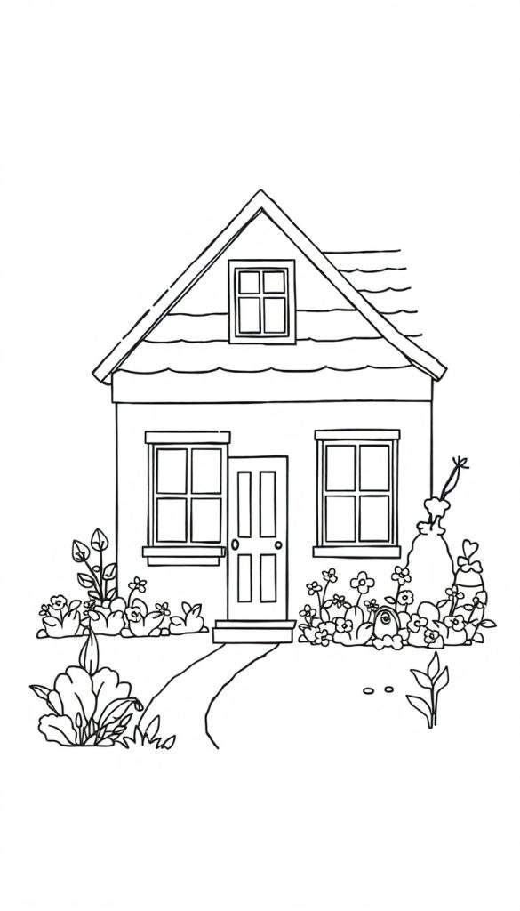 Zwart-wit lijntekening van een schattig huisje met een puntig dak, dakkapel, twee ramen en een voordeur, omringd door een kleurrijke tuin met bloemen, struiken, een gieter, een tuinkabouter en een decoratief ei.