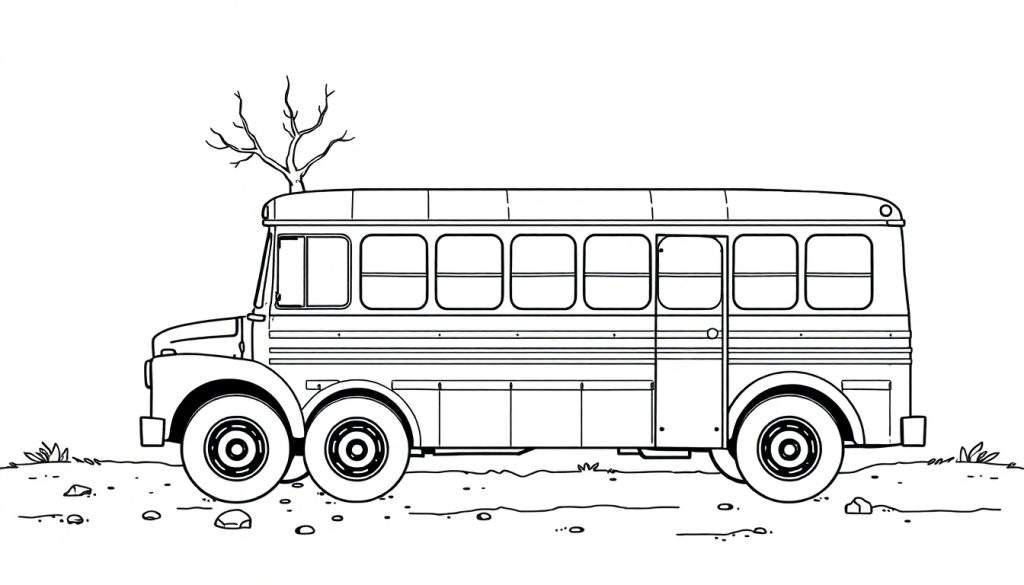 Zwart-wit lijntekening van een grote, oude schoolbus of passagiersbus met een kale boom die uit het dak groeit, staand op onverharde ondergrond met steentjes en graspollen. De bus heeft meerdere ramen en zes wielen.