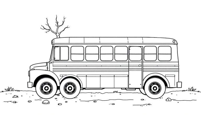 Zwart-wit lijntekening van een grote, oude schoolbus of passagiersbus met een kale boom die uit het dak groeit, staand op onverharde ondergrond met steentjes en graspollen. De bus heeft meerdere ramen en zes wielen.