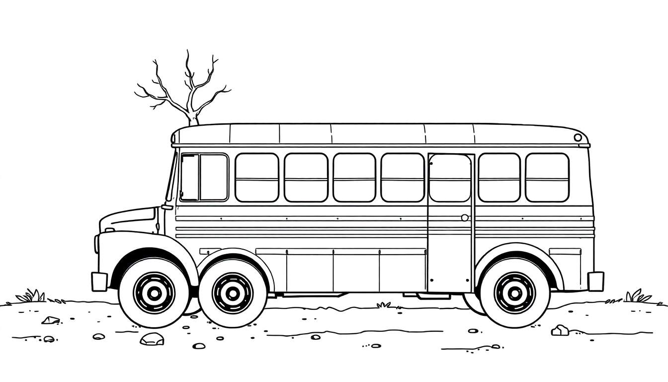 Zwart-wit lijntekening van een grote, oude schoolbus of passagiersbus met een kale boom die uit het dak groeit, staand op onverharde ondergrond met steentjes en graspollen. De bus heeft meerdere ramen en zes wielen.