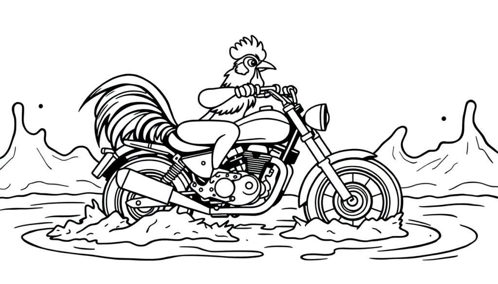 Kleurplaat van een haan die op een motorfiets rijdt, met water en modder spatten.