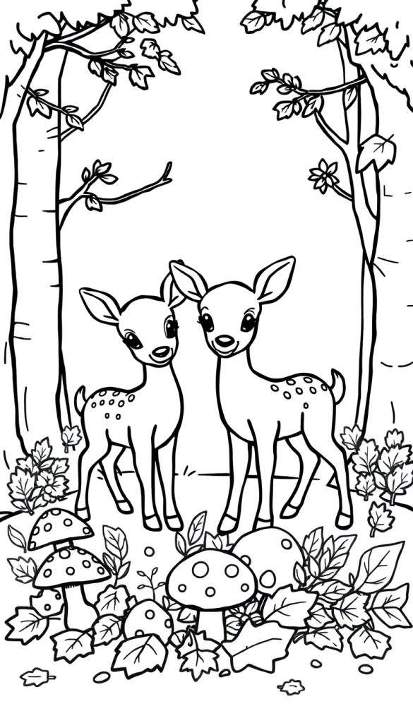Kleurplaat van twee lieve hertenkalfjes met stipjes op hun rug, omringd door bomen, herfstbladeren en paddestoelen.