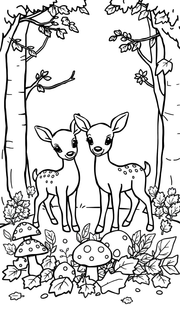 Kleurplaat van twee lieve hertenkalfjes met stipjes op hun rug, omringd door bomen, herfstbladeren en paddestoelen.