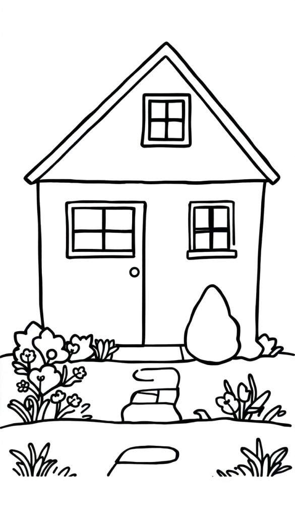 Kleurplaat van een eenvoudig huis met een puntig dak, twee ramen met kruisroedes op de begane grond, een voordeur, en een tuin vol bloemen en planten.