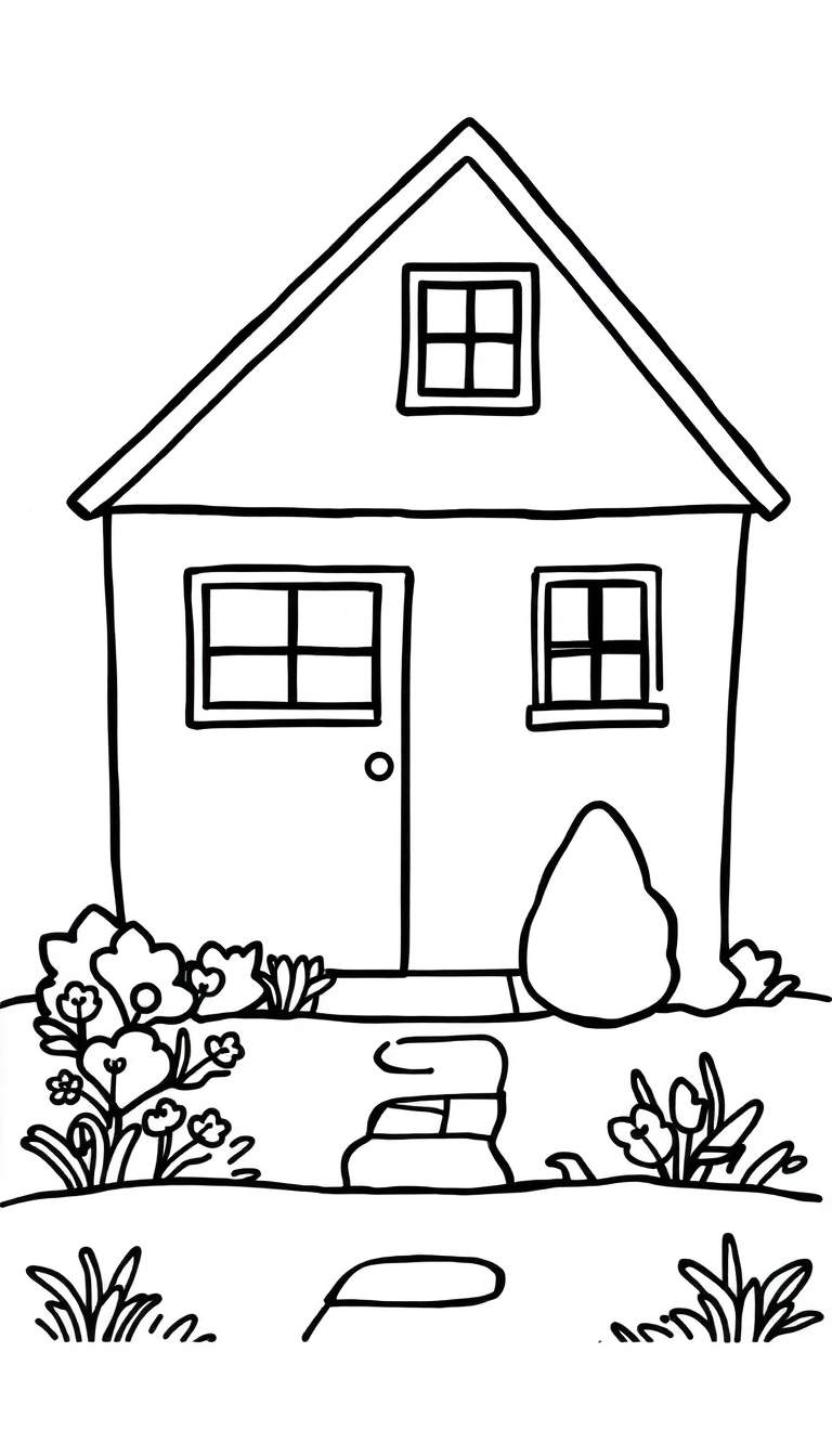 Kleurplaat van een eenvoudig huis met een puntig dak, twee ramen met kruisroedes op de begane grond, een voordeur, en een tuin vol bloemen en planten.