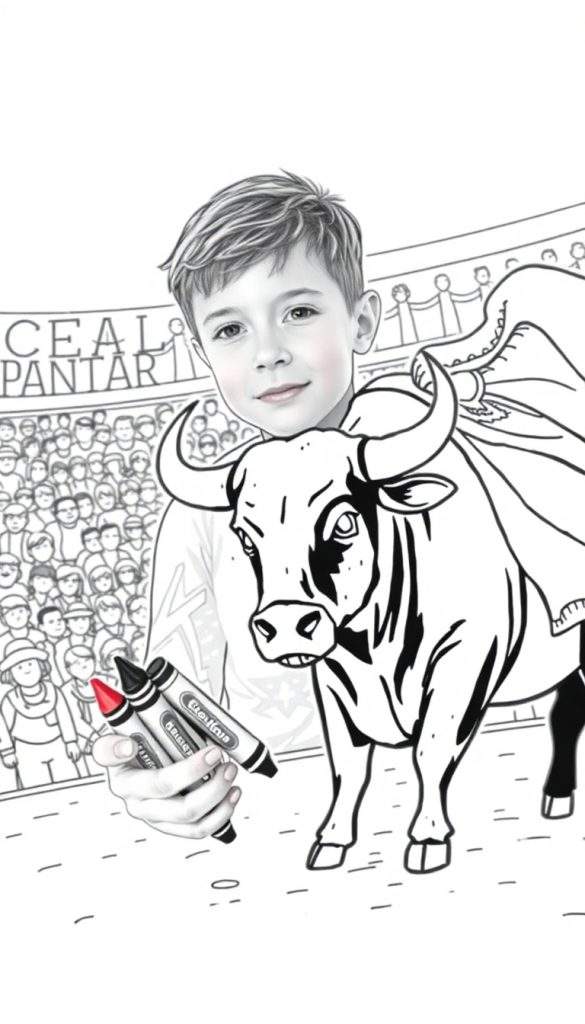 Kleurplaat van een jongen met roze blosjes die realistisch lachend drie Crayola potloden vasthoudt, met een cartoonachtige stier met hoorns en een doek naast hem, en een menigte op tribunes op de achtergrond.