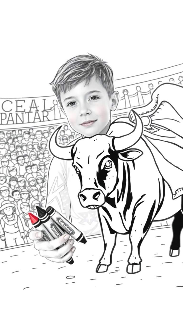 Kleurplaat van een jongen met roze blosjes die realistisch lachend drie Crayola potloden vasthoudt, met een cartoonachtige stier met hoorns en een doek naast hem, en een menigte op tribunes op de achtergrond.