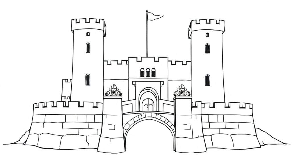 Zwart-wit lijntekening van een middeleeuws kasteel met twee hoge torens, een hoofdgebouw, kantelen, een boogbrug en wachters.
