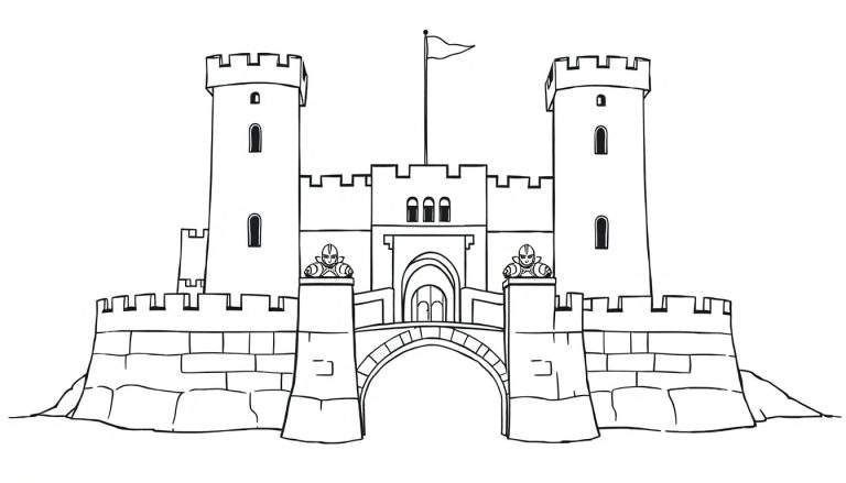 Zwart-wit lijntekening van een middeleeuws kasteel met twee hoge torens, een hoofdgebouw, kantelen, een boogbrug en wachters.