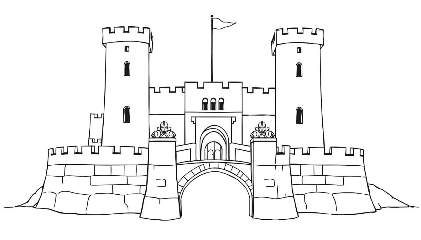 Zwart-wit lijntekening van een middeleeuws kasteel met twee hoge torens, een hoofdgebouw, kantelen, een boogbrug en wachters.