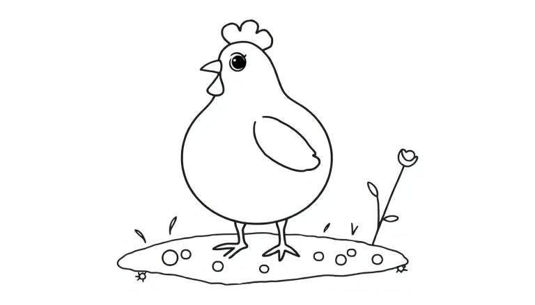 Zwart-wit lijntekening van een schattige kip op een heuveltje met steentjes, gras en een bloem, klaar om ingekleurd te worden.