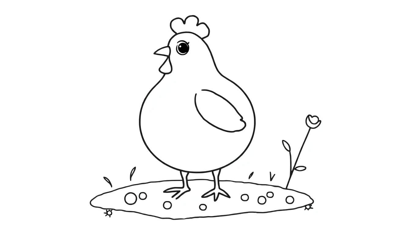 Zwart-wit lijntekening van een schattige kip op een heuveltje met steentjes, gras en een bloem, klaar om ingekleurd te worden.