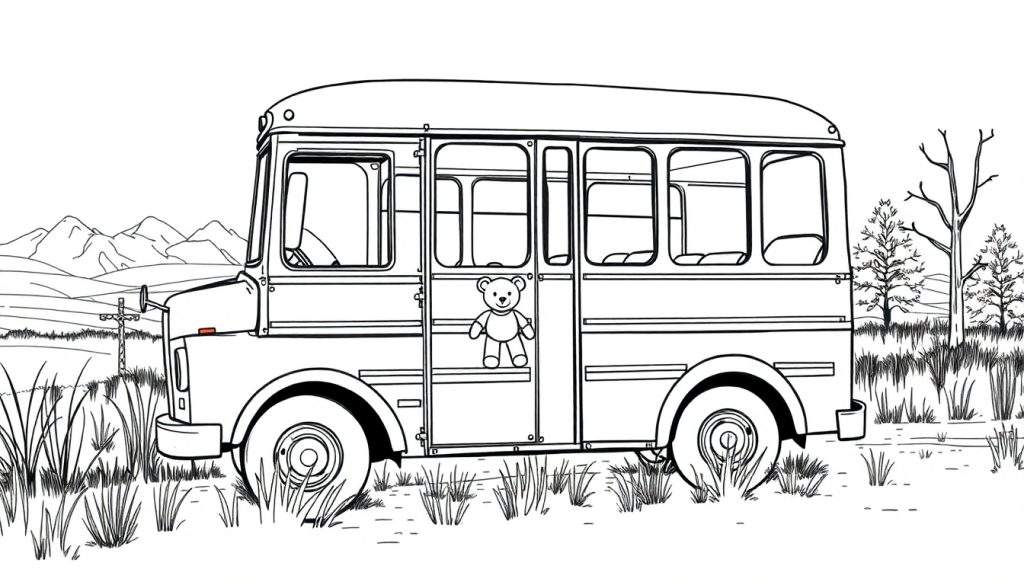 Kleurplaat van een ouderwetse bus met een teddybeer in een veld met hoog gras, omringd door bomen en heuvels.