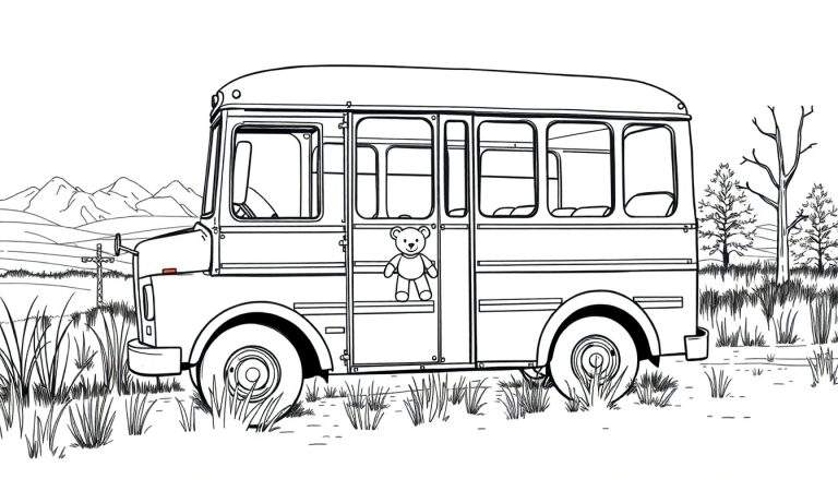 Kleurplaat van een ouderwetse bus met een teddybeer in een veld met hoog gras, omringd door bomen en heuvels.