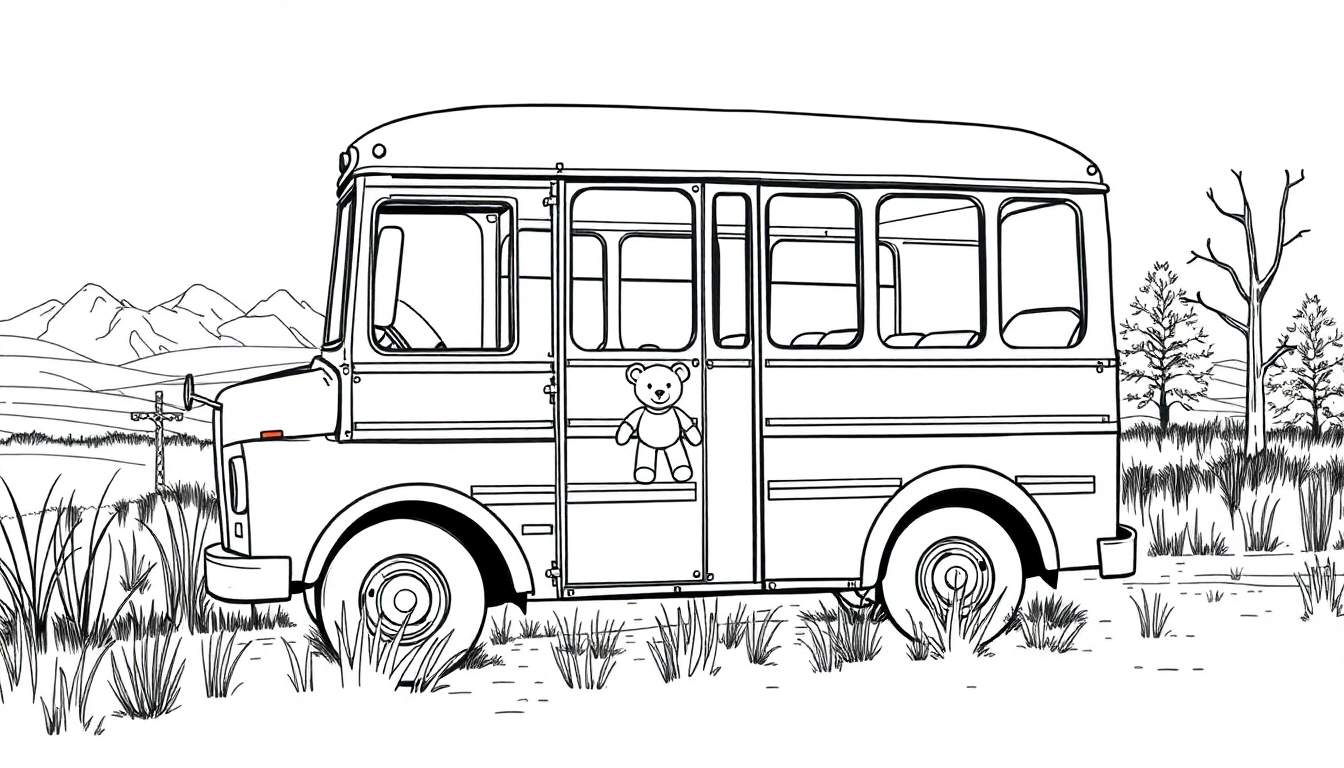 Kleurplaat van een ouderwetse bus met een teddybeer in een veld met hoog gras, omringd door bomen en heuvels.