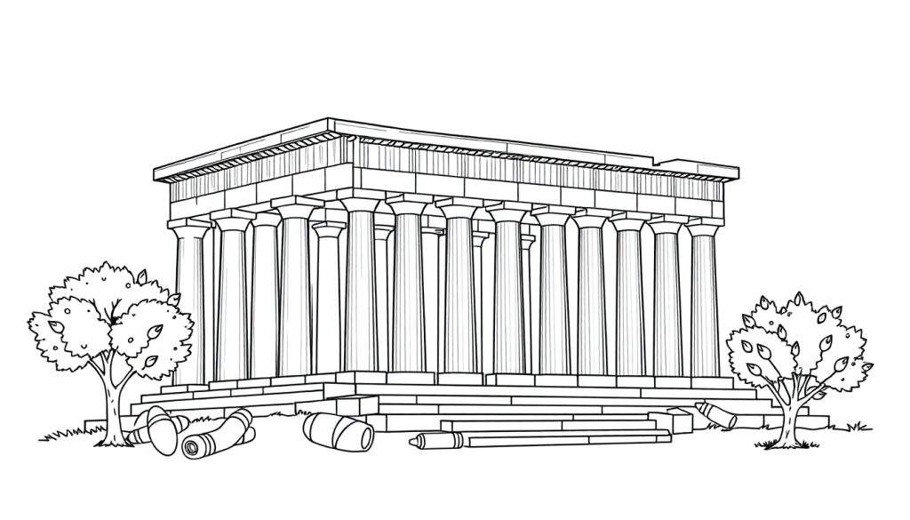 Gedetailleerde lijntekening van een klassieke tempel met Dorische zuilen, bomen en perkamentrollen, ideaal als kleurplaat.