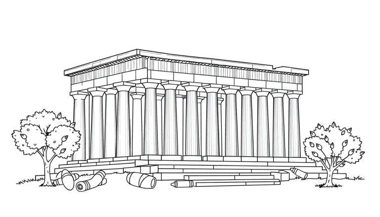 Gedetailleerde lijntekening van een klassieke tempel met Dorische zuilen, bomen en perkamentrollen, ideaal als kleurplaat.