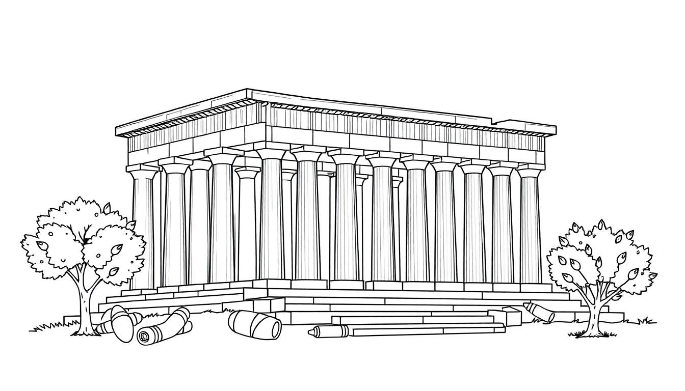 Gedetailleerde lijntekening van een klassieke tempel met Dorische zuilen, bomen en perkamentrollen, ideaal als kleurplaat.