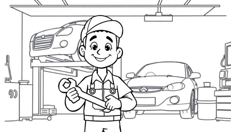 Kleurplaat van een autogarage met een glimlachende monteur, een auto op een hefbrug en gereedschap.