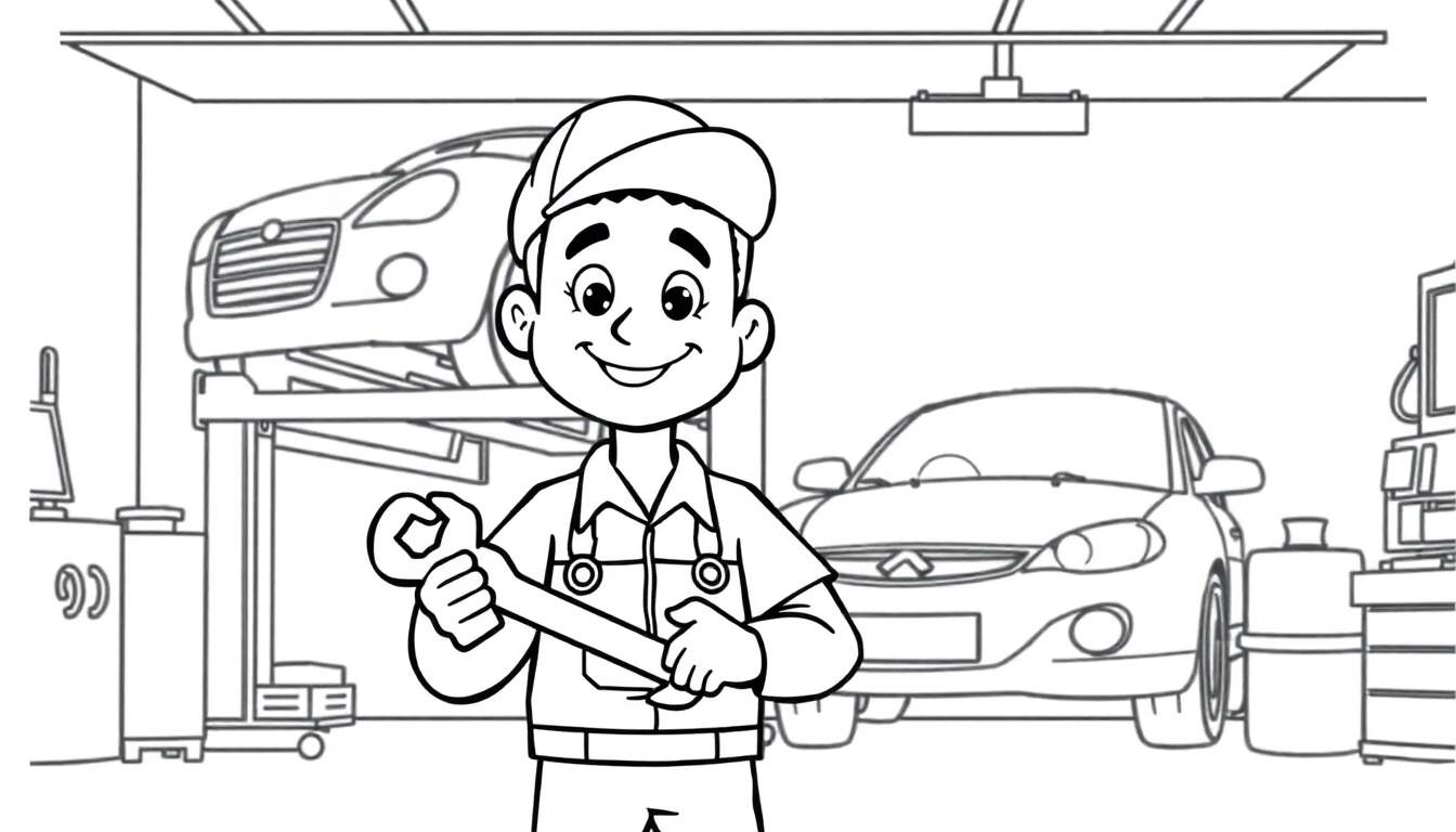 Kleurplaat van een autogarage met een glimlachende monteur, een auto op een hefbrug en gereedschap.