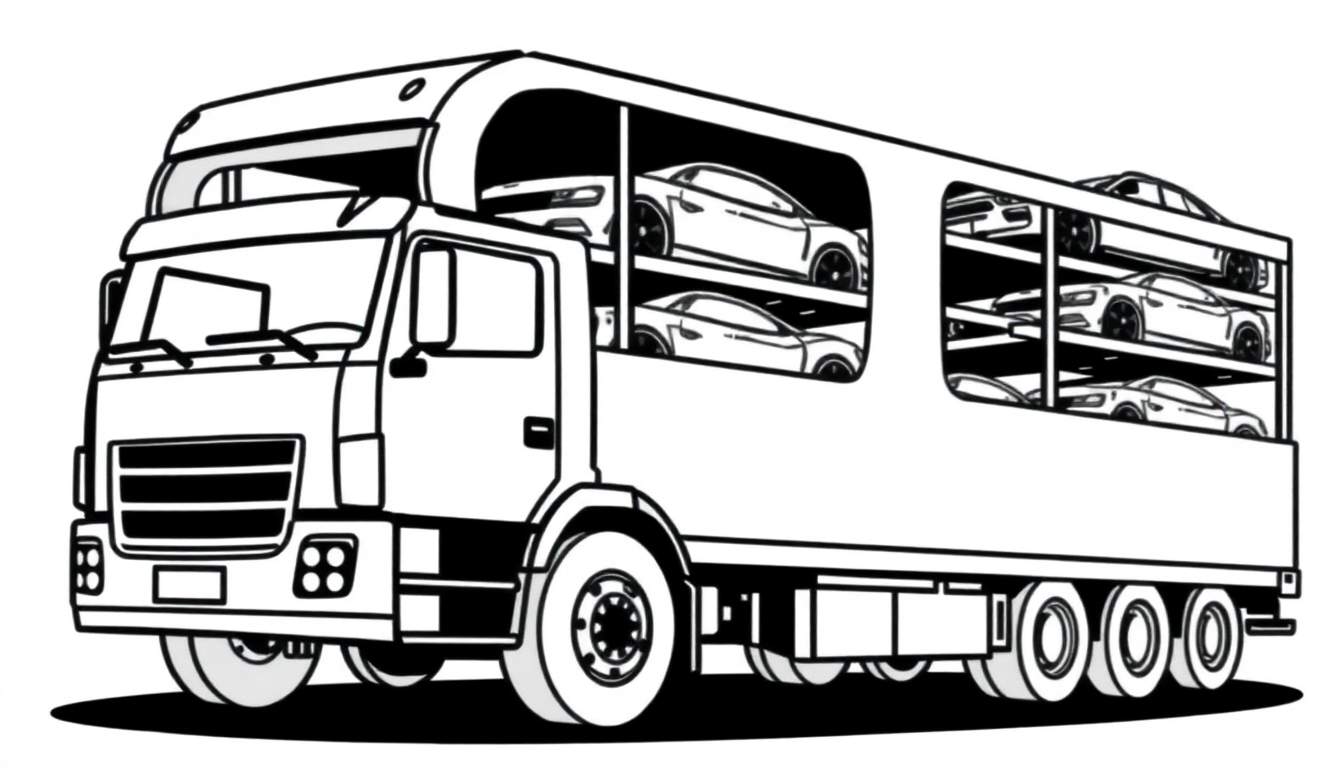 Zwart-wit kleurplaat van een autotransporter met meerdere auto's gestapeld in de oplegger en boven de cabine.