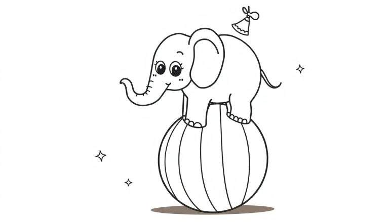 Kleurplaat van een schattige olifant die balanceert op een gestreepte circusbal, met sterretjes eromheen.