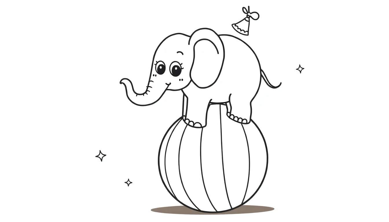 Kleurplaat van een schattige olifant die balanceert op een gestreepte circusbal, met sterretjes eromheen.