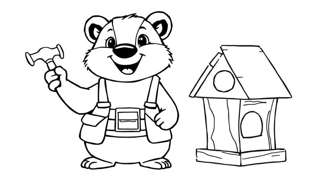 Zwart-wit tekening van een lachende bever met een hamer en een vogelhuisje, klaar om ingekleurd te worden.
