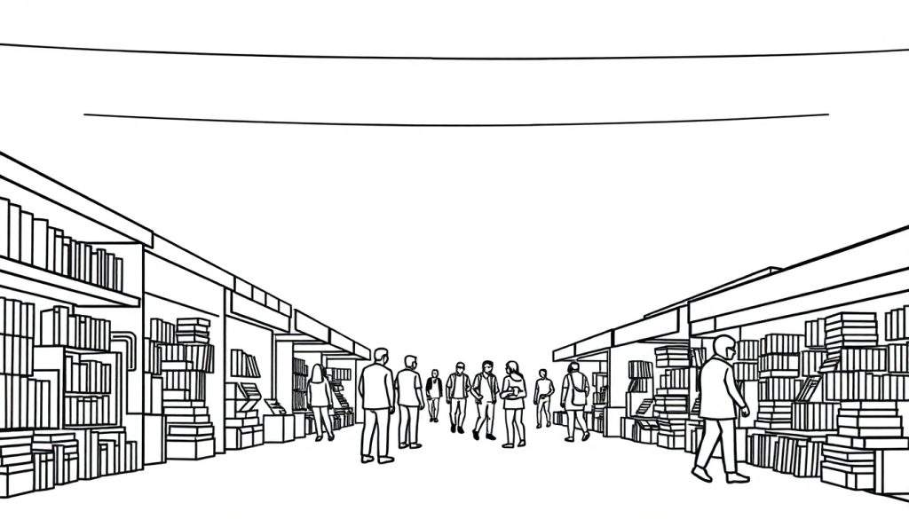 Zwart-wit kleurplaat van een drukke bibliotheek met hoge boekenrekken, gangpaden en mensen die tussen de boeken zoeken.