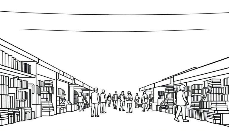 Zwart-wit kleurplaat van een drukke bibliotheek met hoge boekenrekken, gangpaden en mensen die tussen de boeken zoeken.