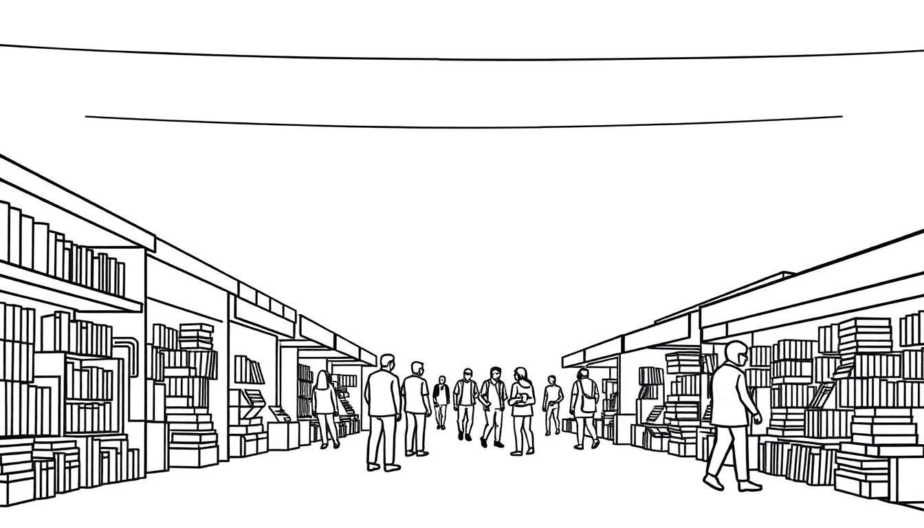 Zwart-wit kleurplaat van een drukke bibliotheek met hoge boekenrekken, gangpaden en mensen die tussen de boeken zoeken.