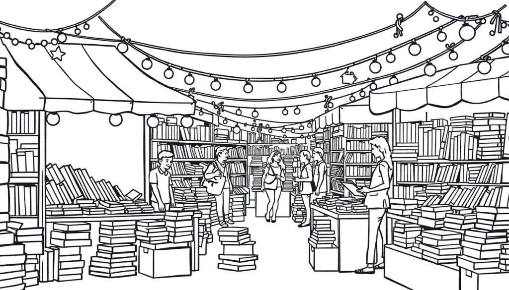 Kleurplaat van een drukke boekenmarkt met veel boeken, lichtsnoeren en mensen.