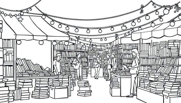 Kleurplaat van een drukke boekenmarkt met veel boeken, lichtsnoeren en mensen.