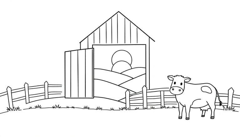 Kleurplaat van een boerderij met een schuur, koe, hek, gras en een zon in de achtergrond.