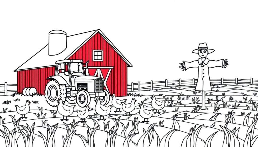 Kleurplaat van een boerderij met een rode schuur, witte tractor, witte kippen en een vogelverschrikker in een landelijk veld.