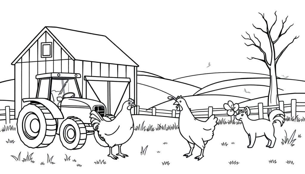 Zwart-wit kleurplaat van een boerderij met schuur, tractor, hek, heuvels, boom, vogels, twee kippen en een hond of vos die aan een bloem ruikt.