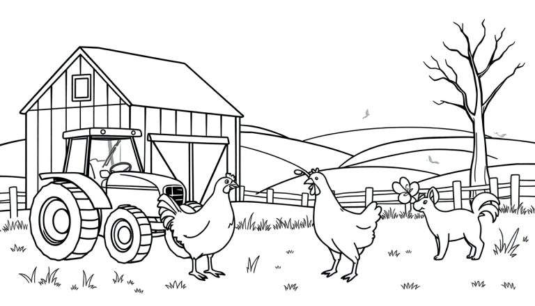 Zwart-wit kleurplaat van een boerderij met schuur, tractor, hek, heuvels, boom, vogels, twee kippen en een hond of vos die aan een bloem ruikt.