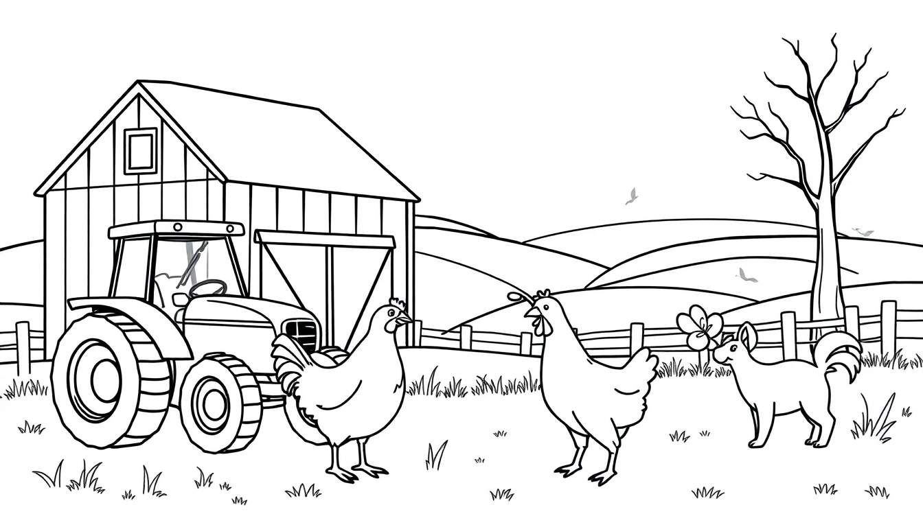 Zwart-wit kleurplaat van een boerderij met schuur, tractor, hek, heuvels, boom, vogels, twee kippen en een hond of vos die aan een bloem ruikt.