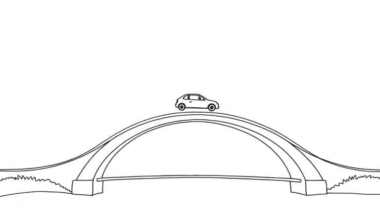 Zwart-wit lijntekening van een boogbrug met een auto, gras en een rivier, klaar om ingekleurd te worden.