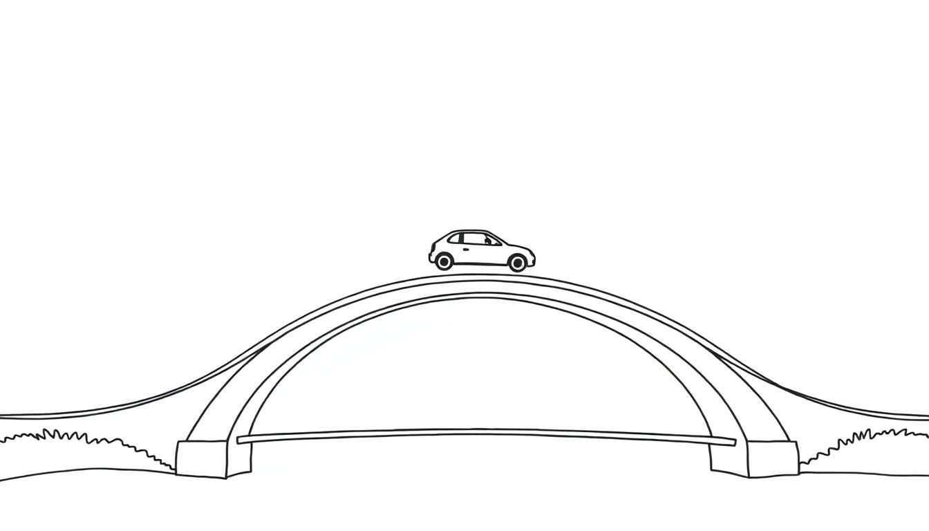 Zwart-wit lijntekening van een boogbrug met een auto, gras en een rivier, klaar om ingekleurd te worden.