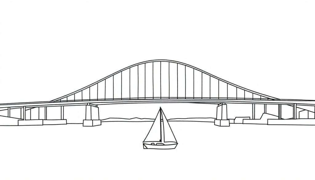 Zwart-wit lijntekening van een boogbrug over water met een zeilboot.