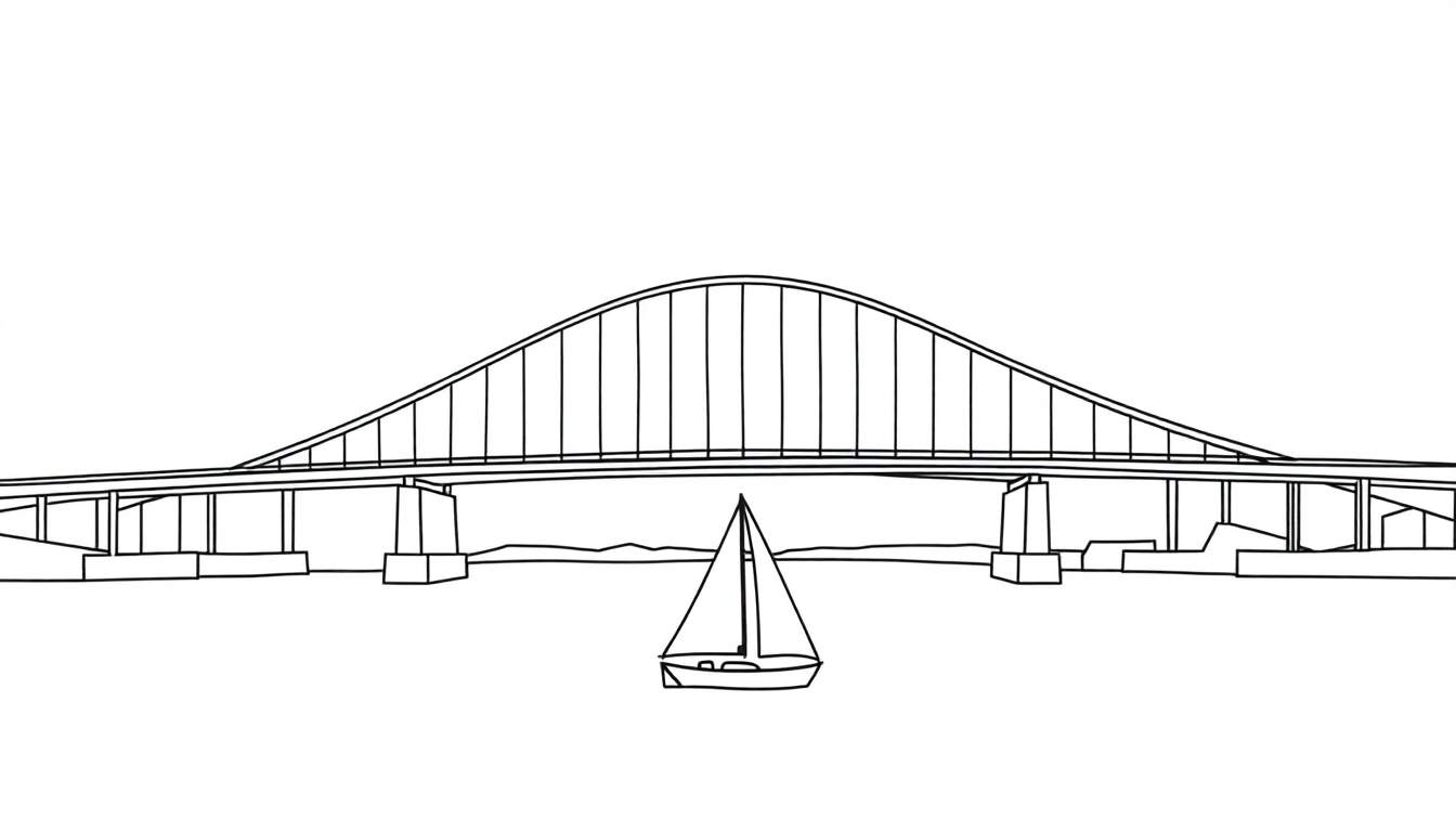 Zwart-wit lijntekening van een boogbrug over water met een zeilboot.