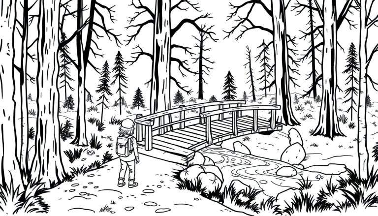 Zwart-wit kleurplaat van een boslandschap met een wandelaar op een pad, een houten brug over een beekje en dichte bossen.