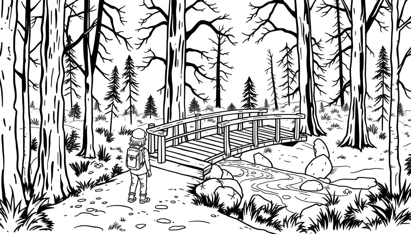 Zwart-wit kleurplaat van een boslandschap met een wandelaar op een pad, een houten brug over een beekje en dichte bossen.