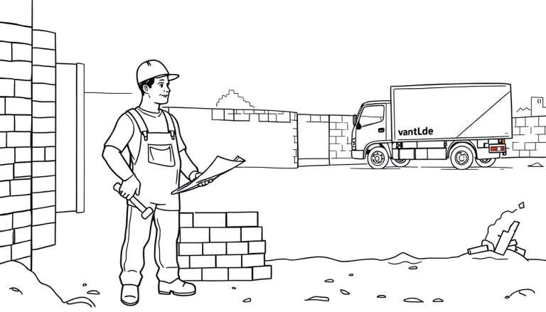 Zwart-wit lijntekening van een bouwvakker in helm en overall, met hamer en tekeningen, staand bij bakstenen muren en een vrachtwagen op een bouwterrein.