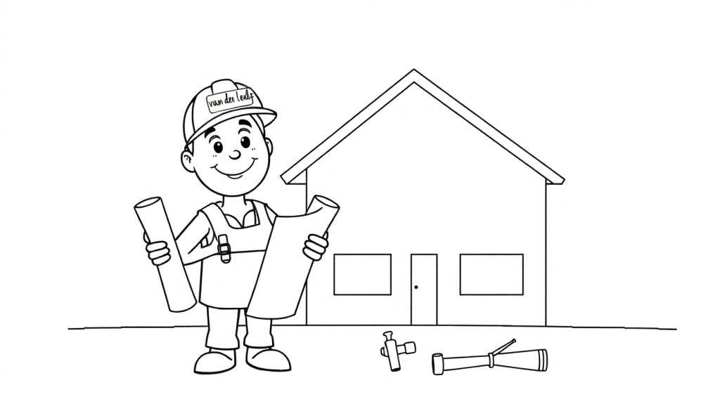 Kleurplaat van een lachende jongen in bouwvakker outfit met bouwtekeningen en een huis op de achtergrond.