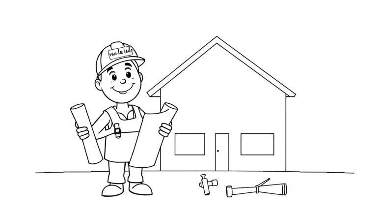 Kleurplaat van een lachende jongen in bouwvakker outfit met bouwtekeningen en een huis op de achtergrond.