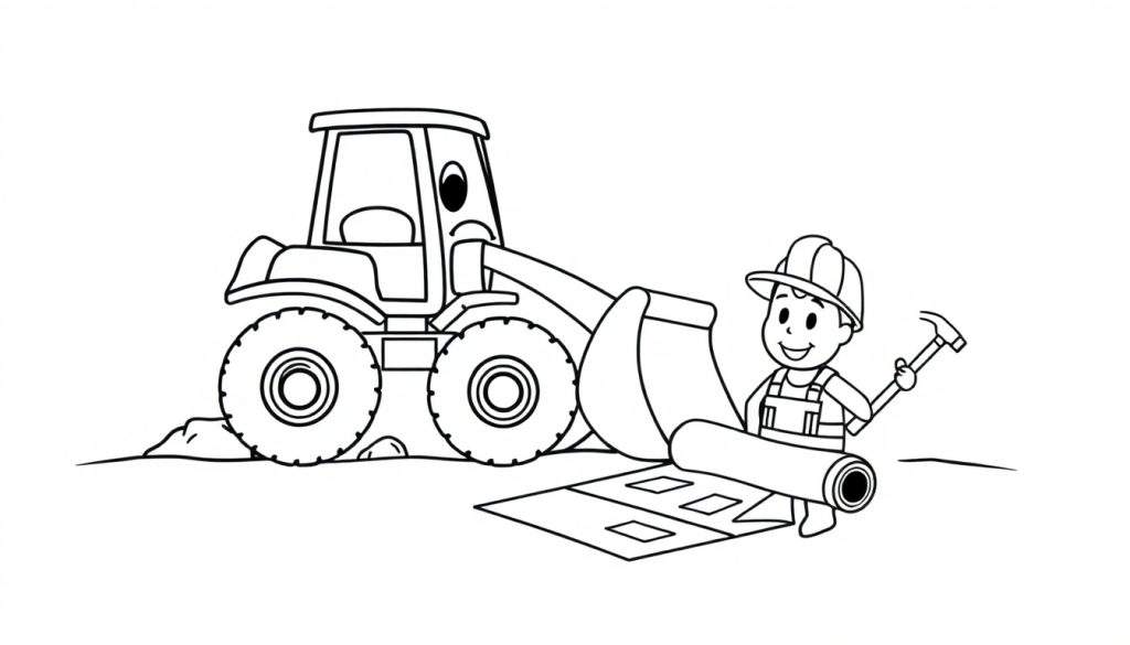 Zwart-wit lijntekening kleurplaat van een lachend jongetje in bouwvakker outfit met hamer en bouwtekening, naast een cartoonachtige shovel met grote wielen en schepbak, op een glooiende ondergrond met hoopjes aarde.