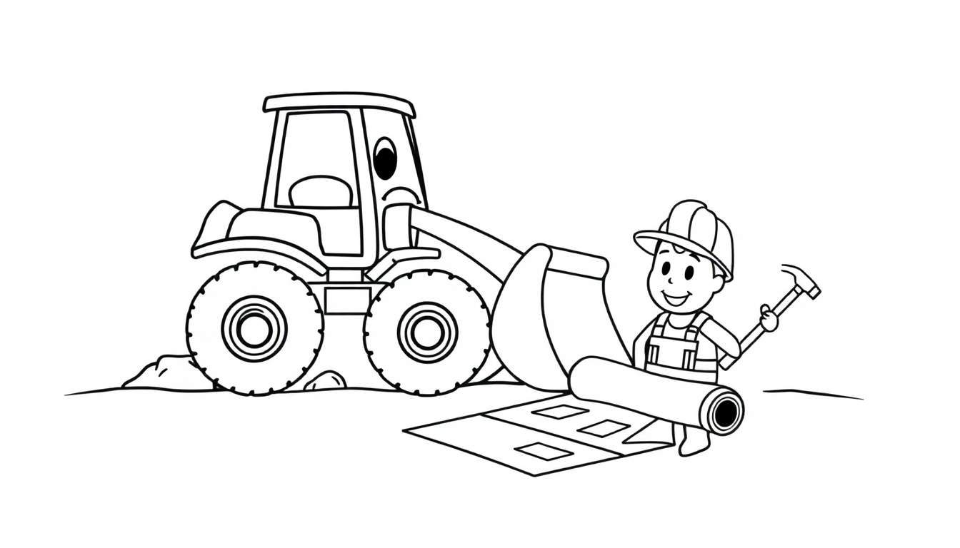 Zwart-wit lijntekening kleurplaat van een lachend jongetje in bouwvakker outfit met hamer en bouwtekening, naast een cartoonachtige shovel met grote wielen en schepbak, op een glooiende ondergrond met hoopjes aarde.